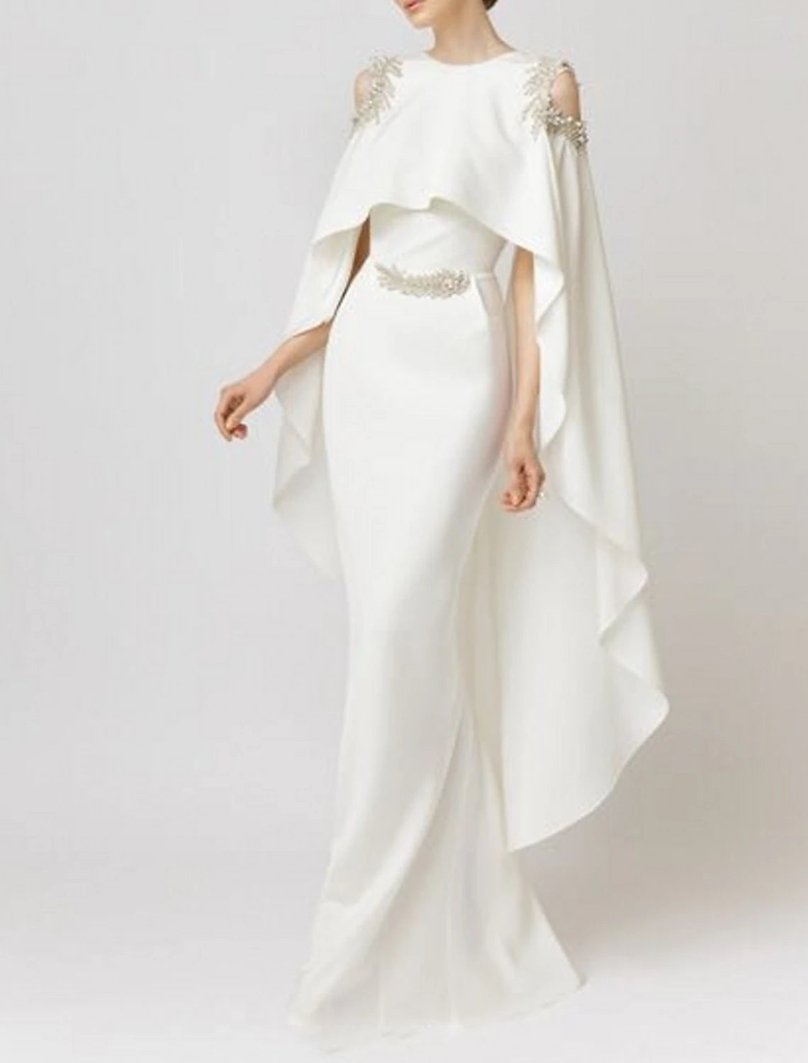 Wholesale Mermaid / Trumpet Evening Gown Maxi Dress Formal Wedding Guest Floor Length Sleeveless Jewel Neck Capes Stretch Chiffon with Appliques